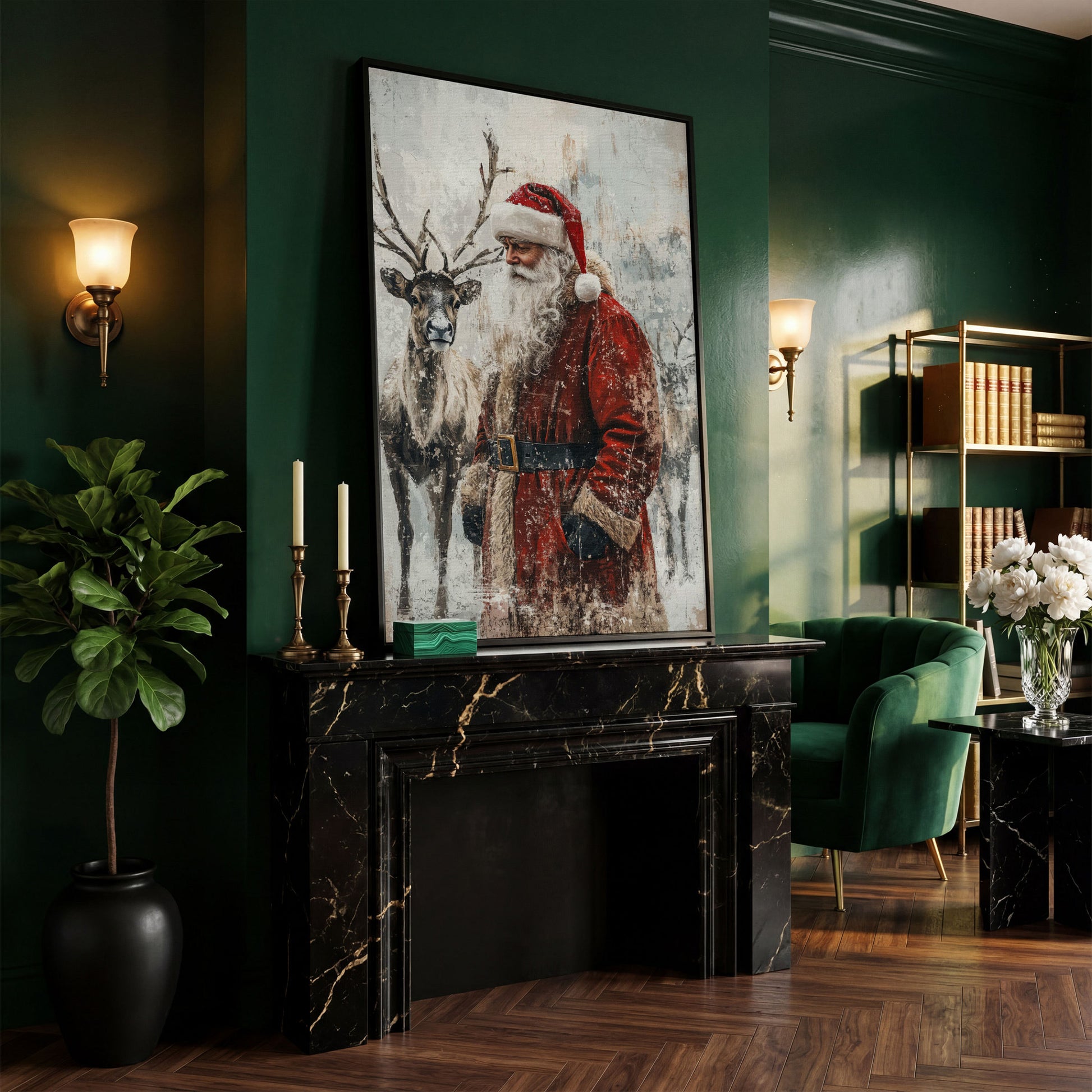 Santa with Reindeer Canvas Print in black floating frame