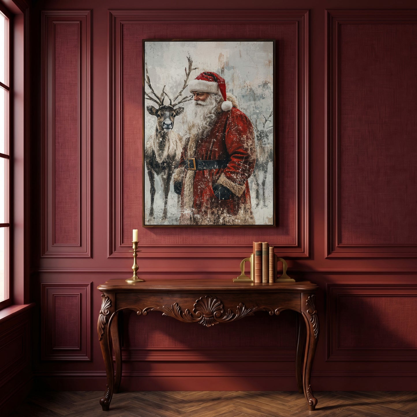 Santa with Reindeer Canvas Print in dark walnut floating frame