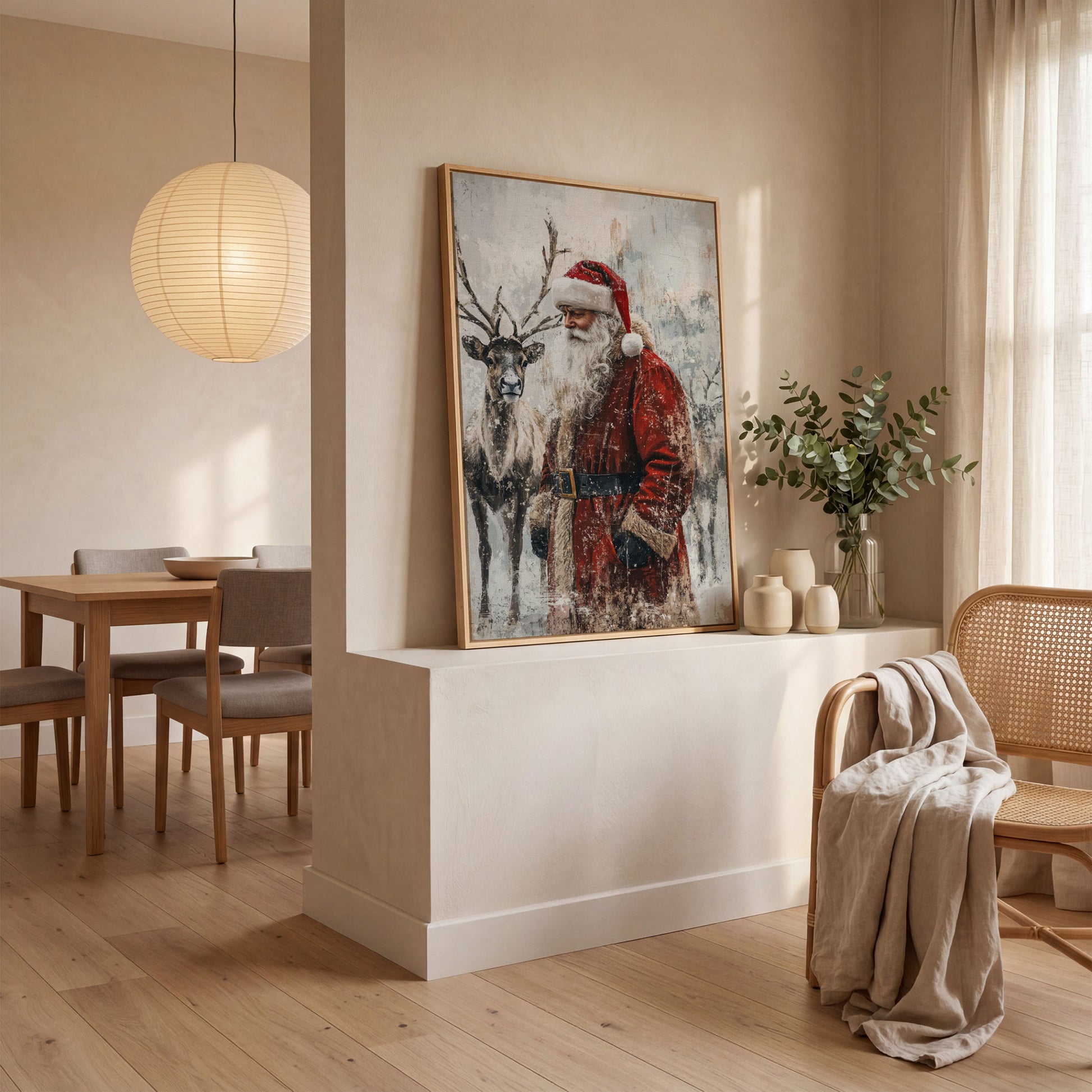 Santa with Reindeer Canvas Print in white oak floating frame