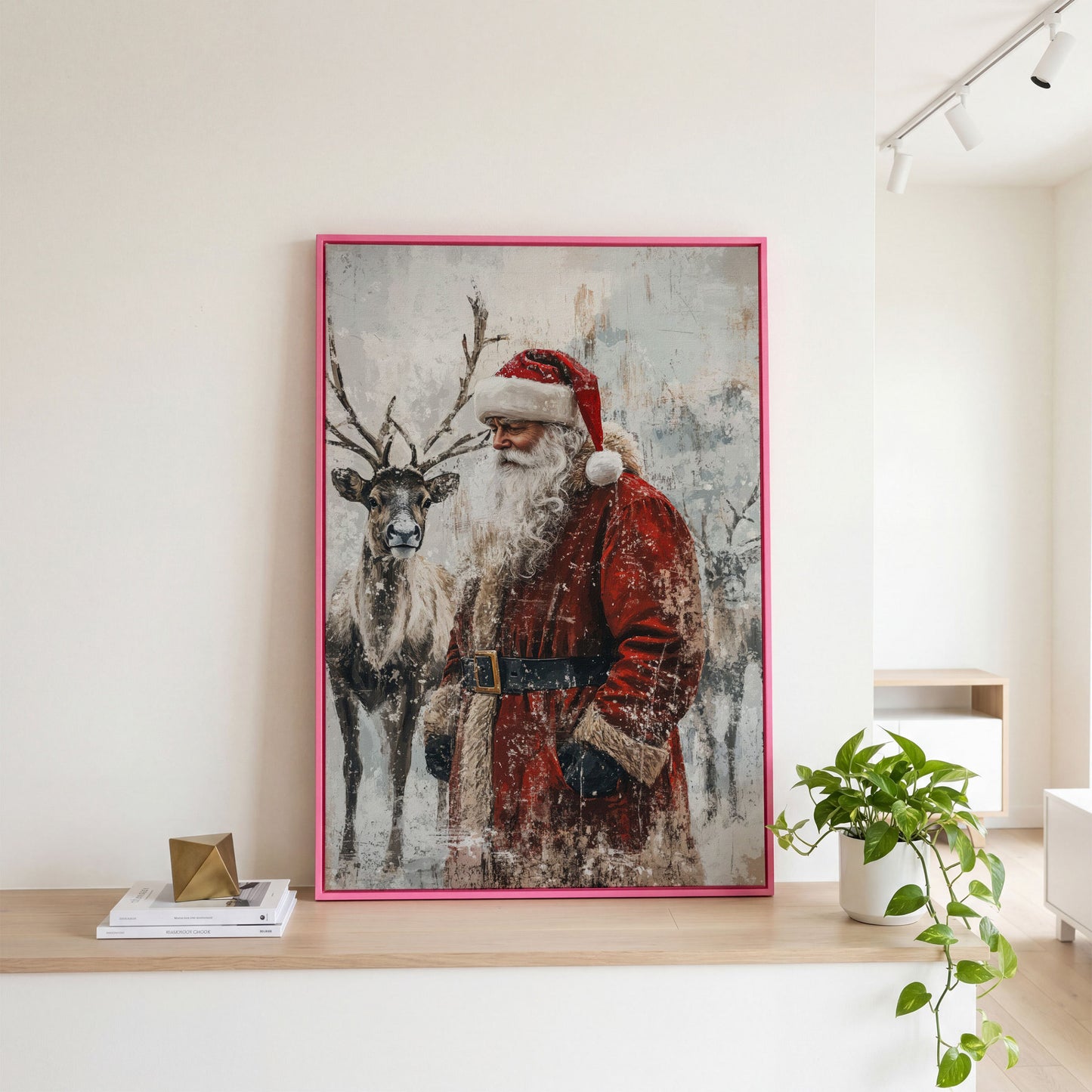 Santa with Reindeer Canvas Print in pink floating frame