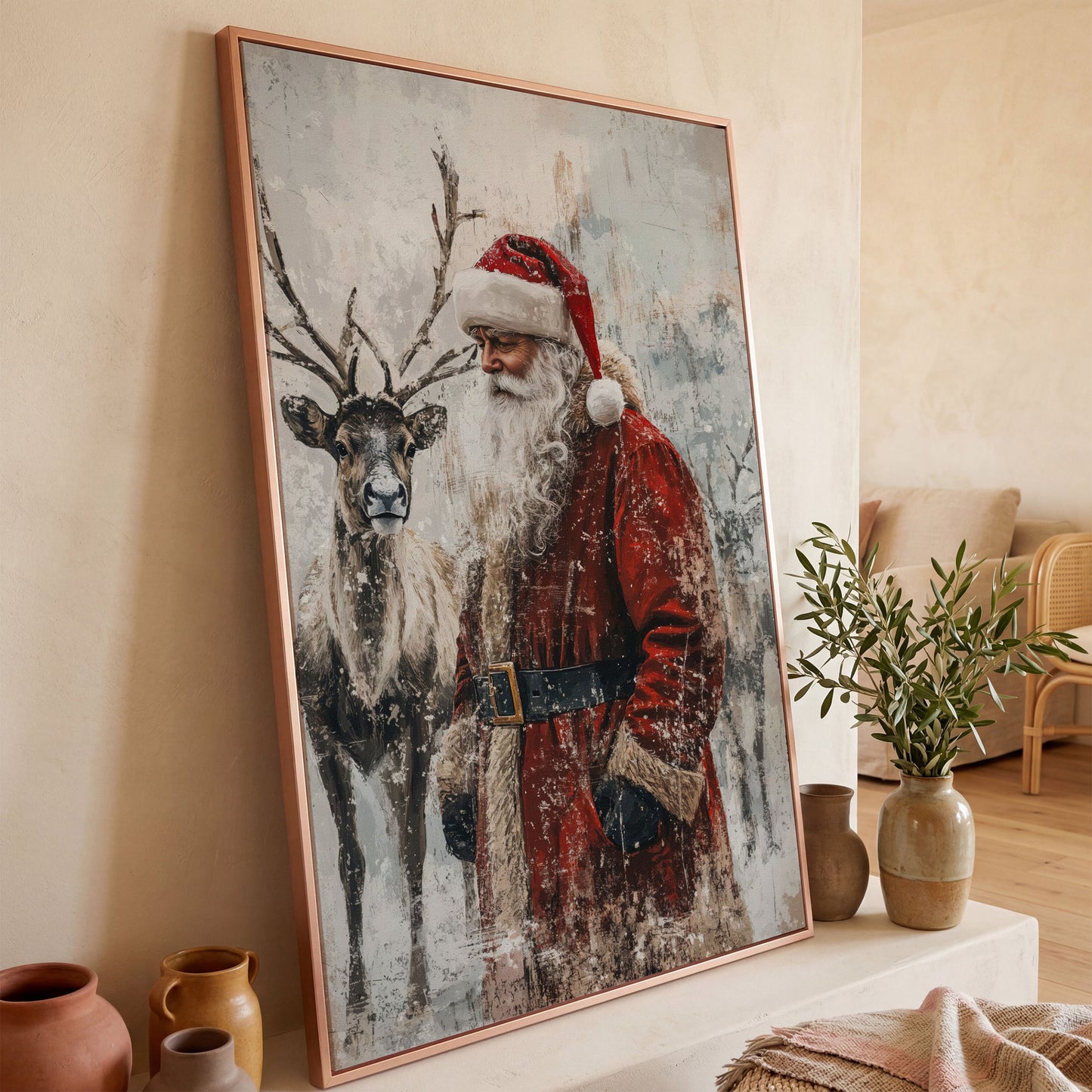 Santa with Reindeer Canvas Print in rose gold floating frame
