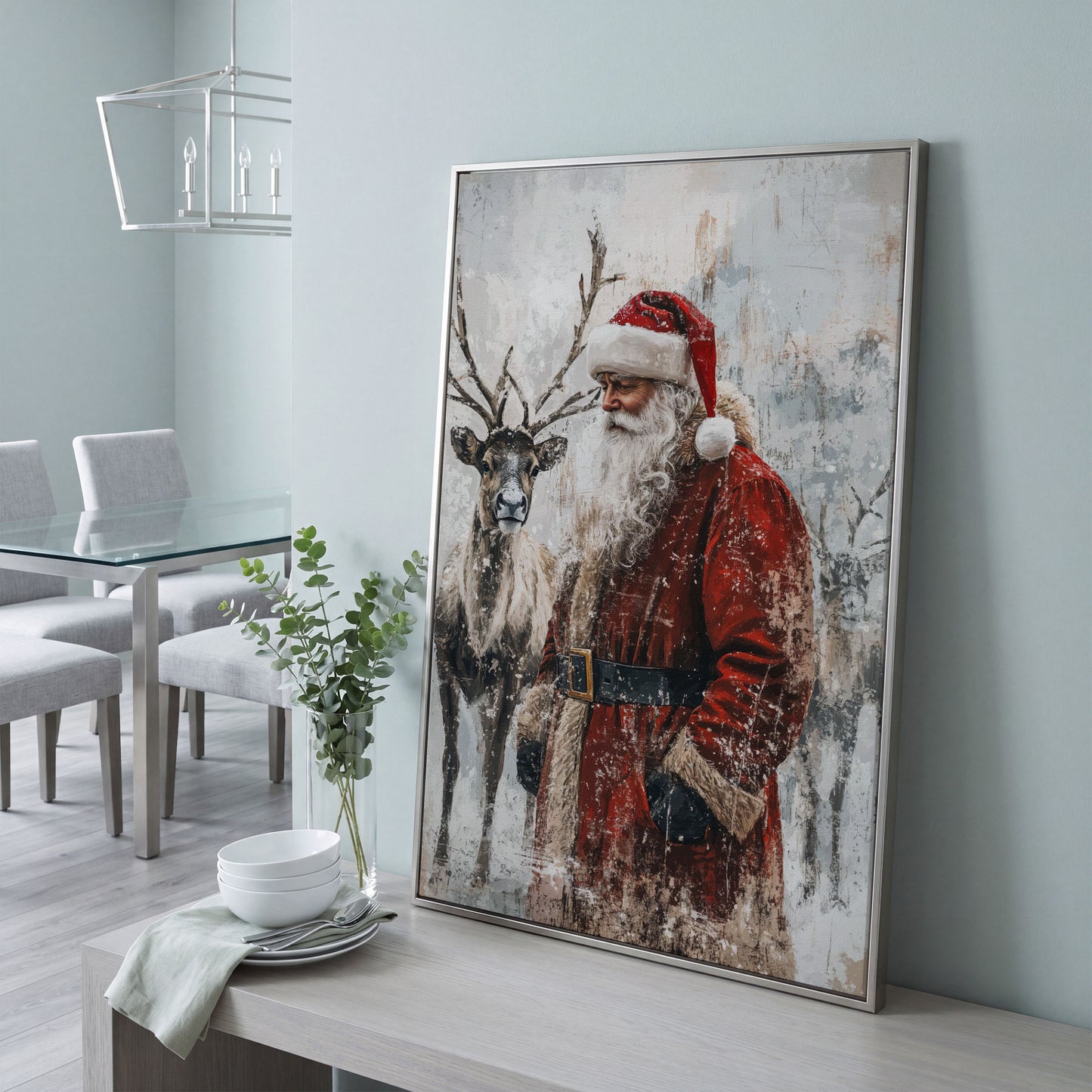 Santa with Reindeer Canvas Print in silver floating frame