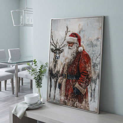 Santa with Reindeer Canvas Print in silver floating frame