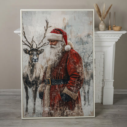 Santa with Reindeer Canvas Print in white floating frame