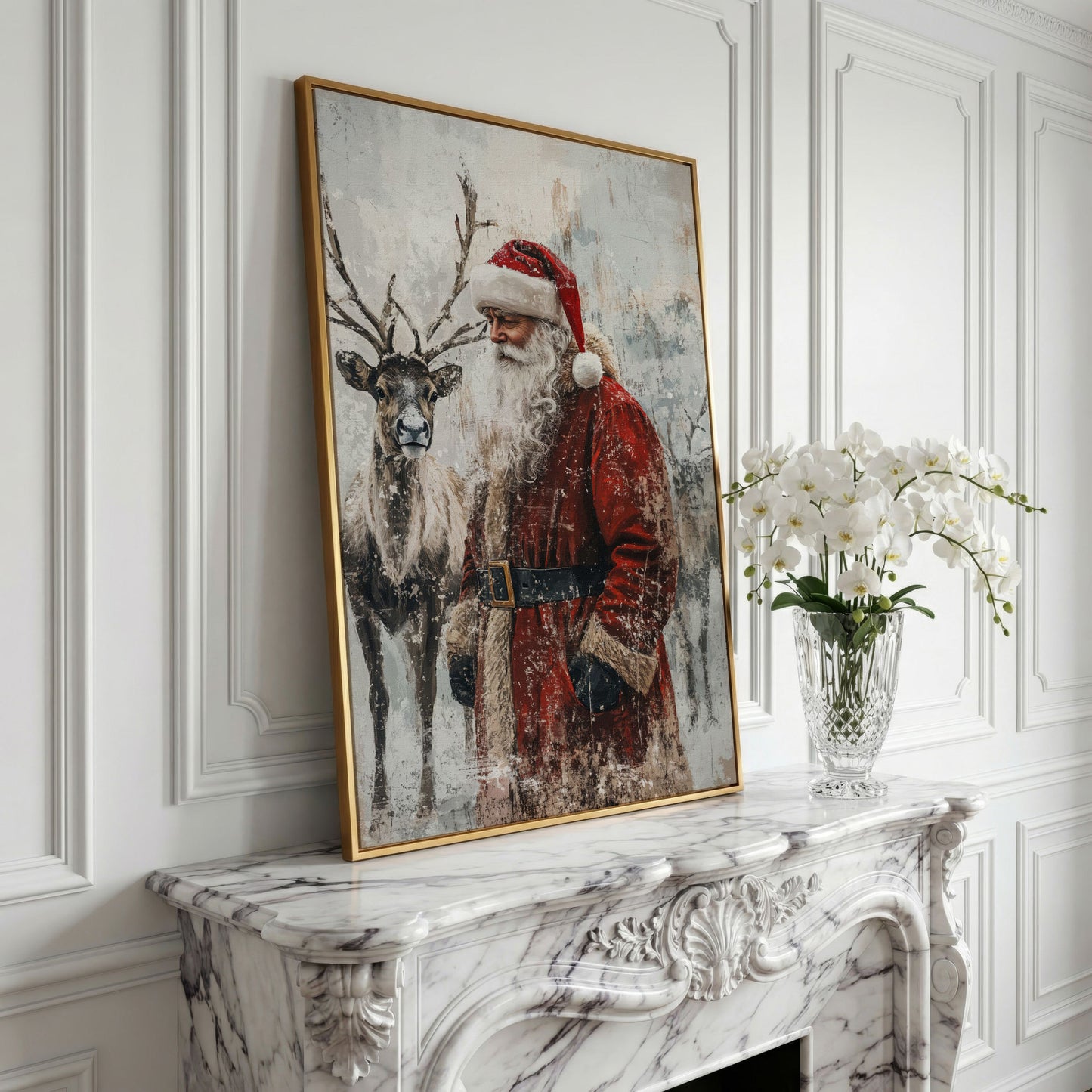 Santa with Reindeer Canvas Print in yellow gold floating frame