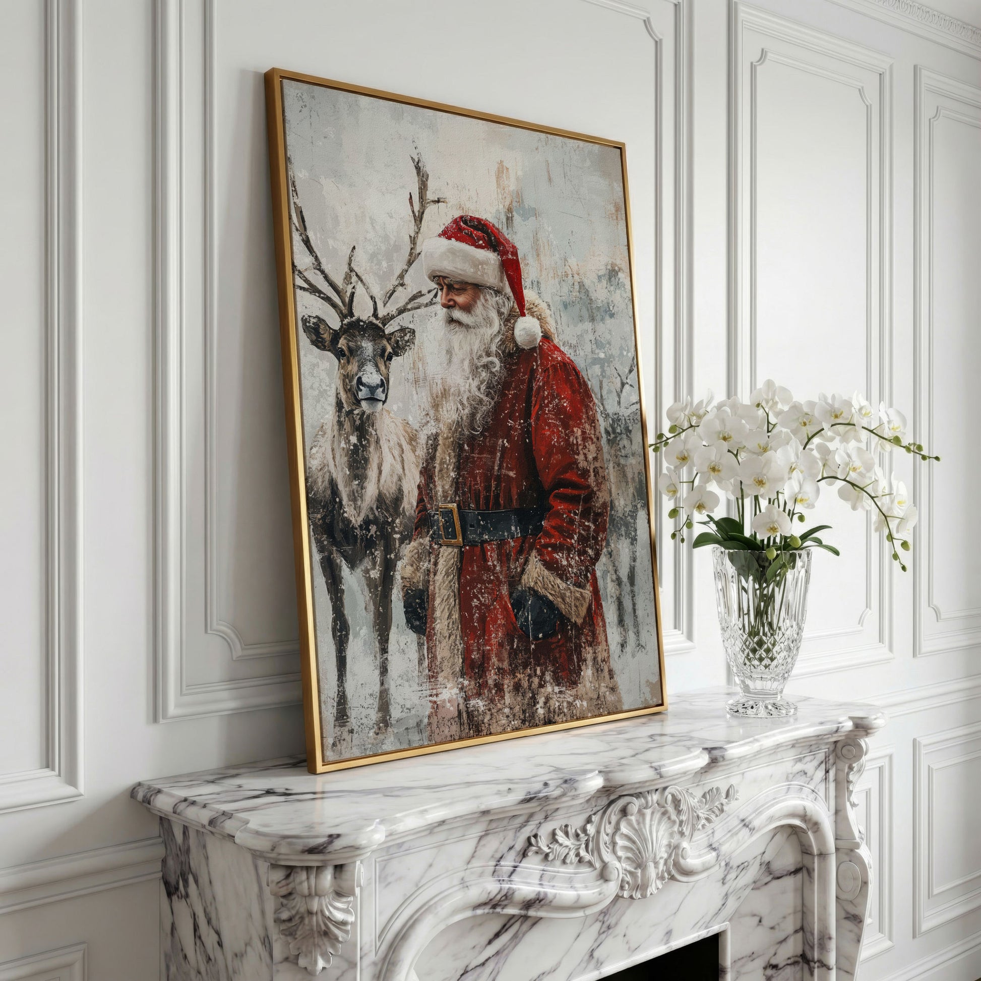 Santa with Reindeer Canvas Print in yellow gold floating frame