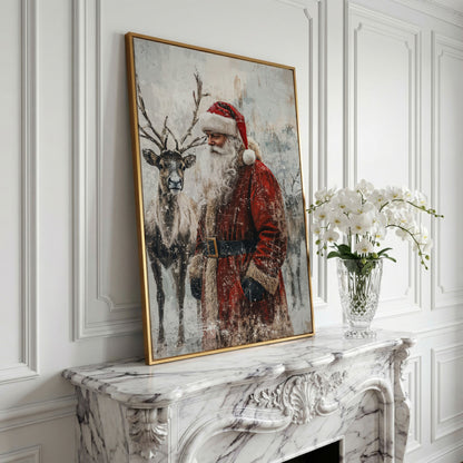 Santa with Reindeer Canvas Print in yellow gold floating frame