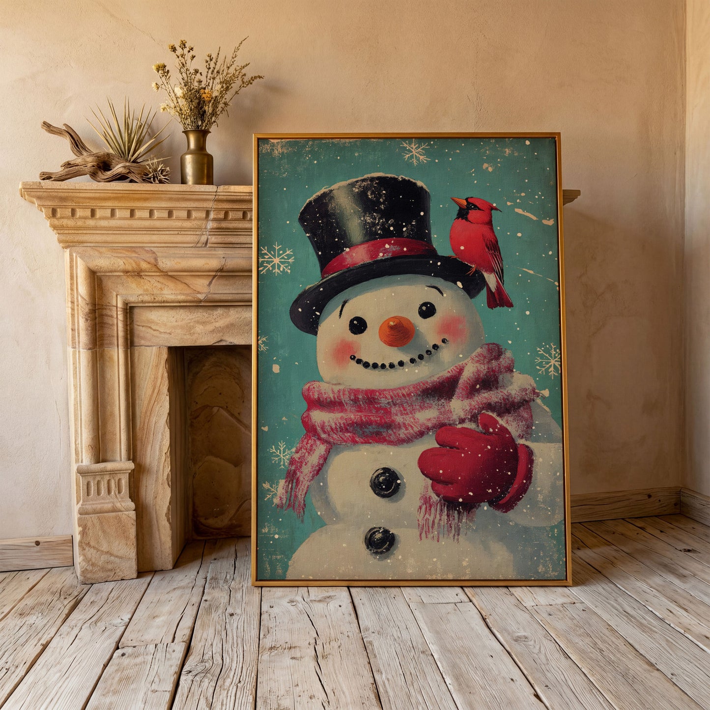 Snowman and Cardinal Folk Art Canvas in antique gold floating frame