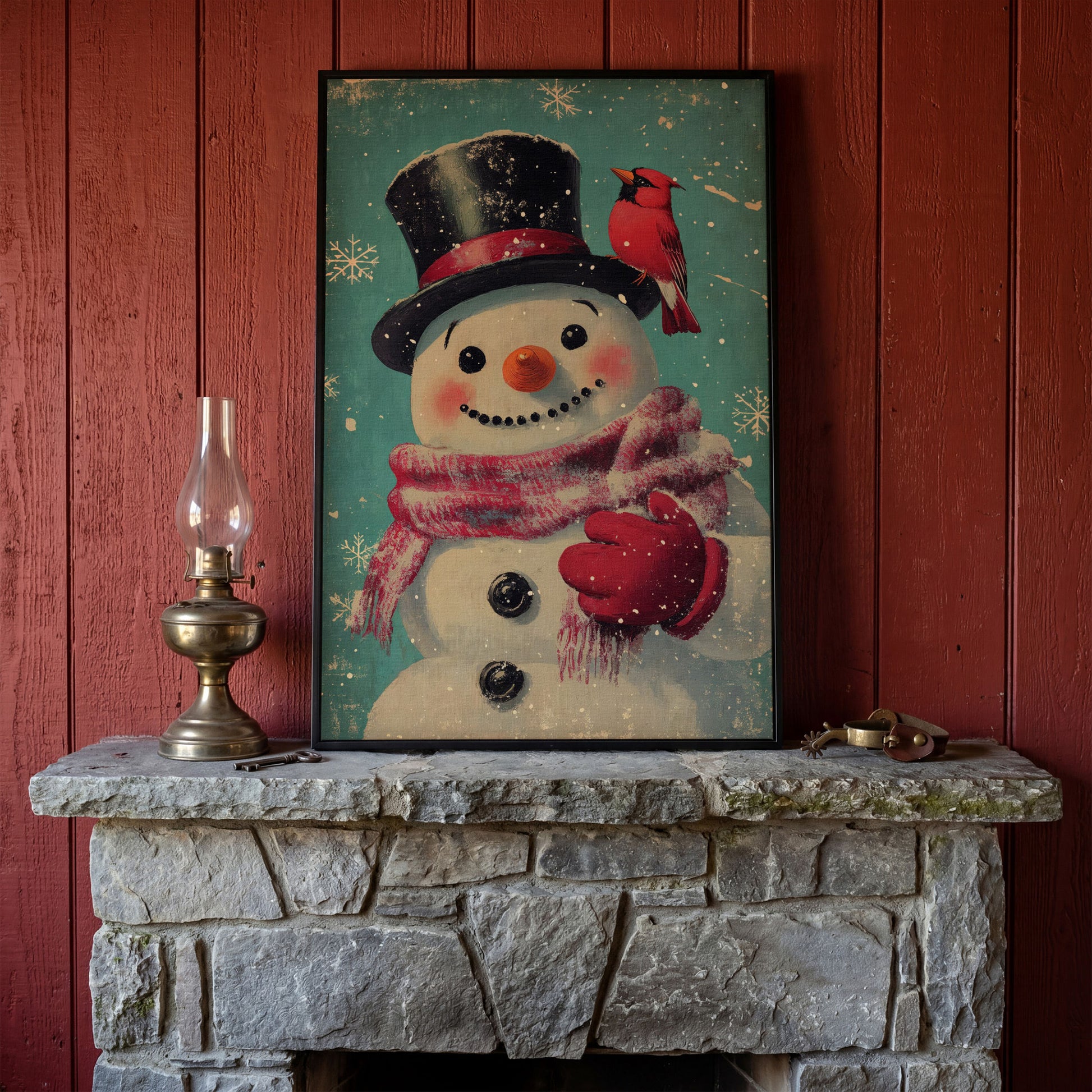 Snowman and Cardinal Folk Art Canvas in black floating frame