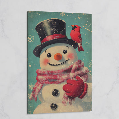 Snowman and Cardinal Folk Art Canvas on gallery wrap