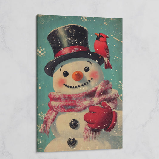 Snowman and Cardinal Folk Art Canvas on gallery wrap