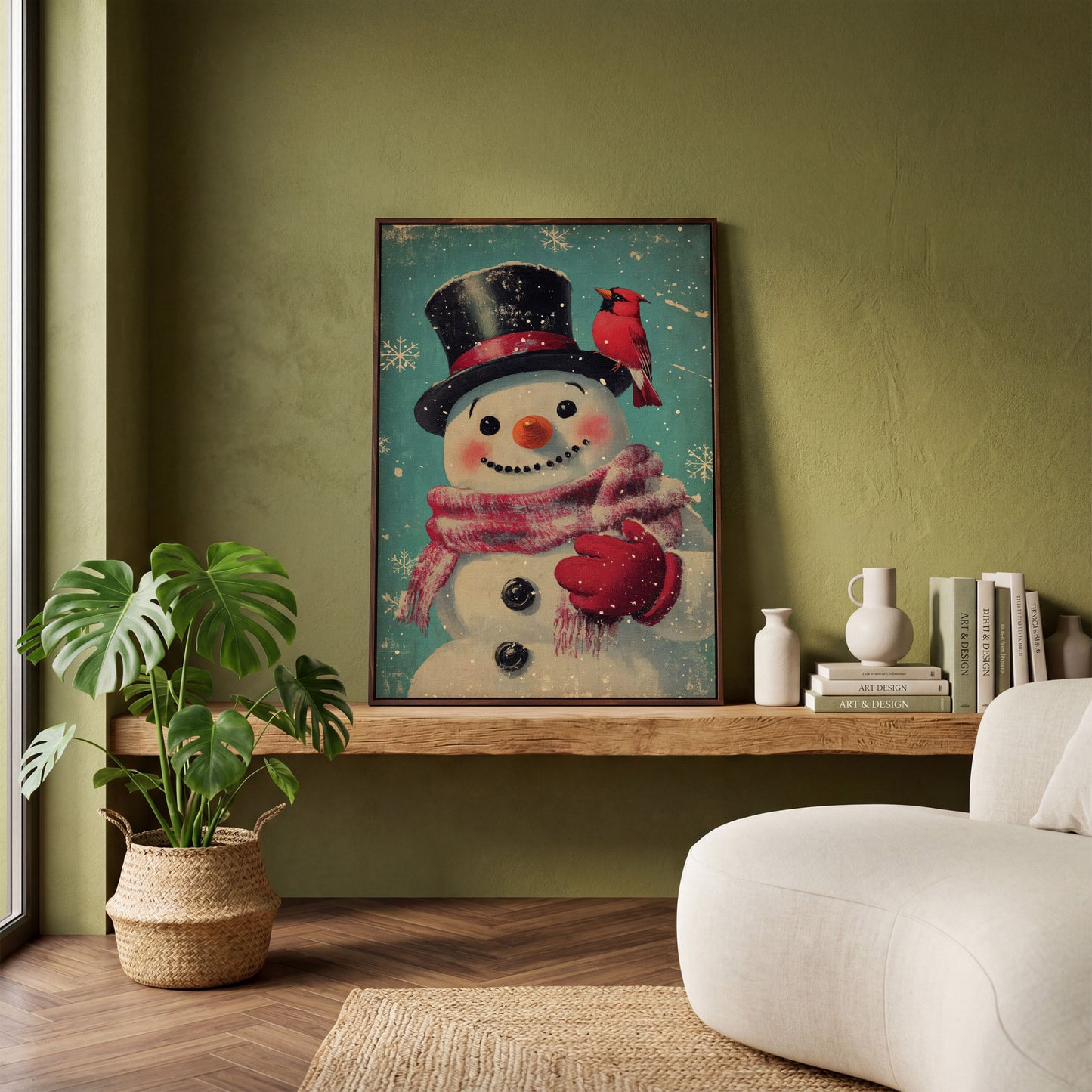 Snowman and Cardinal Folk Art Canvas in dark walnut floating frame