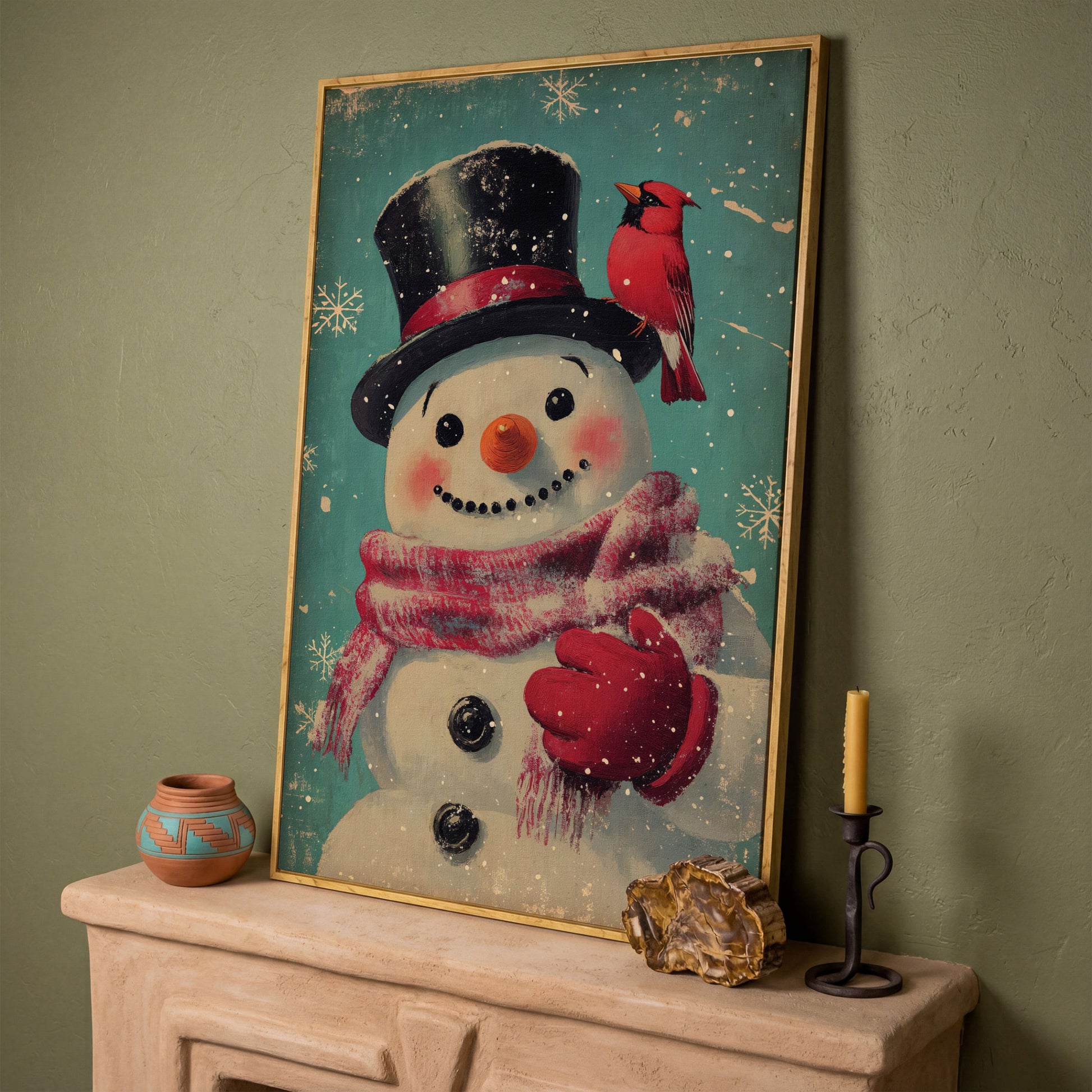 Snowman and Cardinal Folk Art Canvas in white oak floating frame