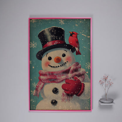 Snowman and Cardinal Folk Art Canvas in pink floating frame