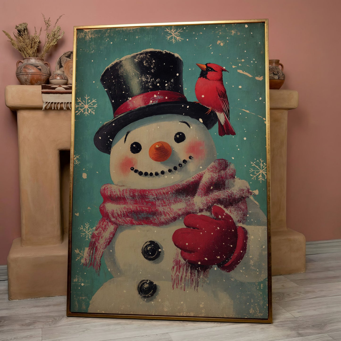 Snowman and Cardinal Folk Art Canvas in rose gold floating frame