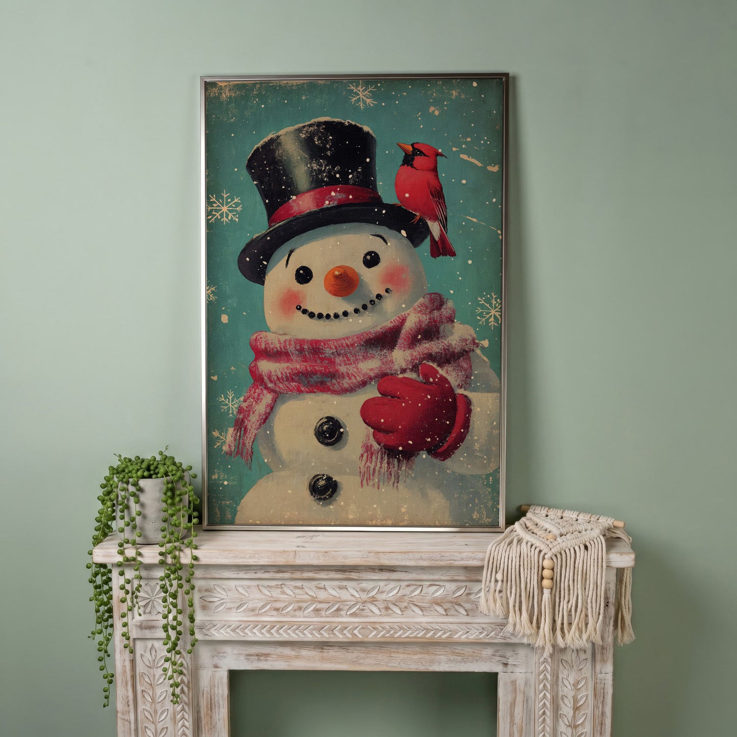 Snowman and Cardinal Folk Art Canvas in silver floating frame