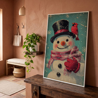 Snowman and Cardinal Folk Art Canvas in white floating frame