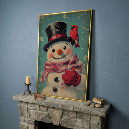 Snowman and Cardinal Folk Art Canvas in yellow gold floating frame