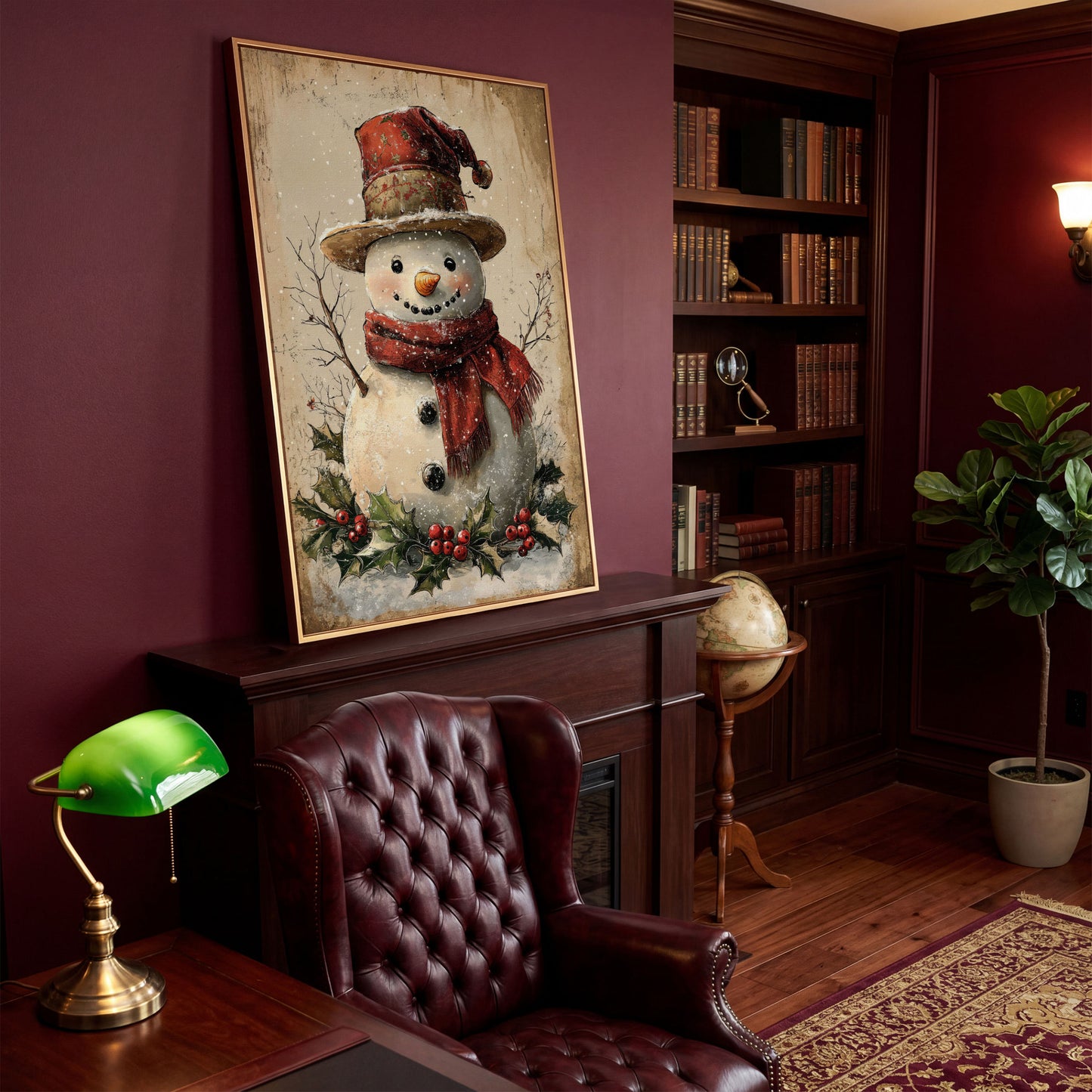 Joyful Snowman with Red Scarf Canvas in antique gold floating frame