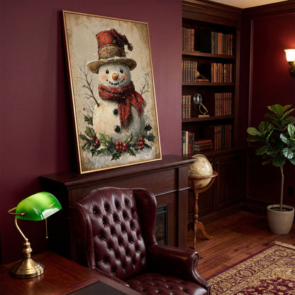 Joyful Snowman with Red Scarf Canvas in antique gold floating frame