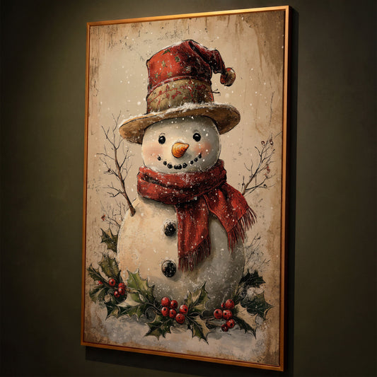 Joyful Snowman with Red Scarf Canvas shown in antique gold floating frame