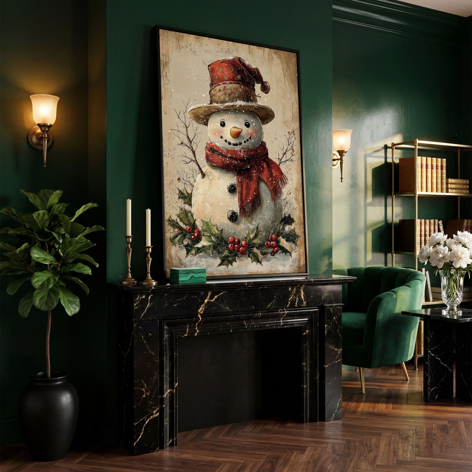 Joyful Snowman with Red Scarf Canvas in black floating frame