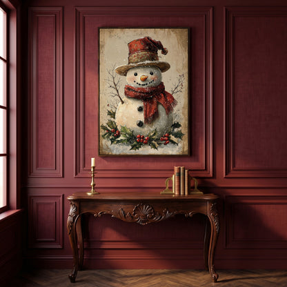 Joyful Snowman with Red Scarf Canvas in dark walnut floating frame