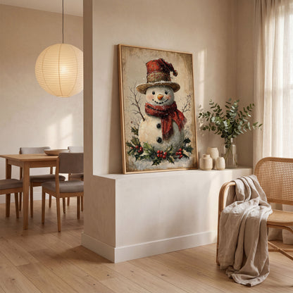 Joyful Snowman with Red Scarf Canvas in white oak floating frame
