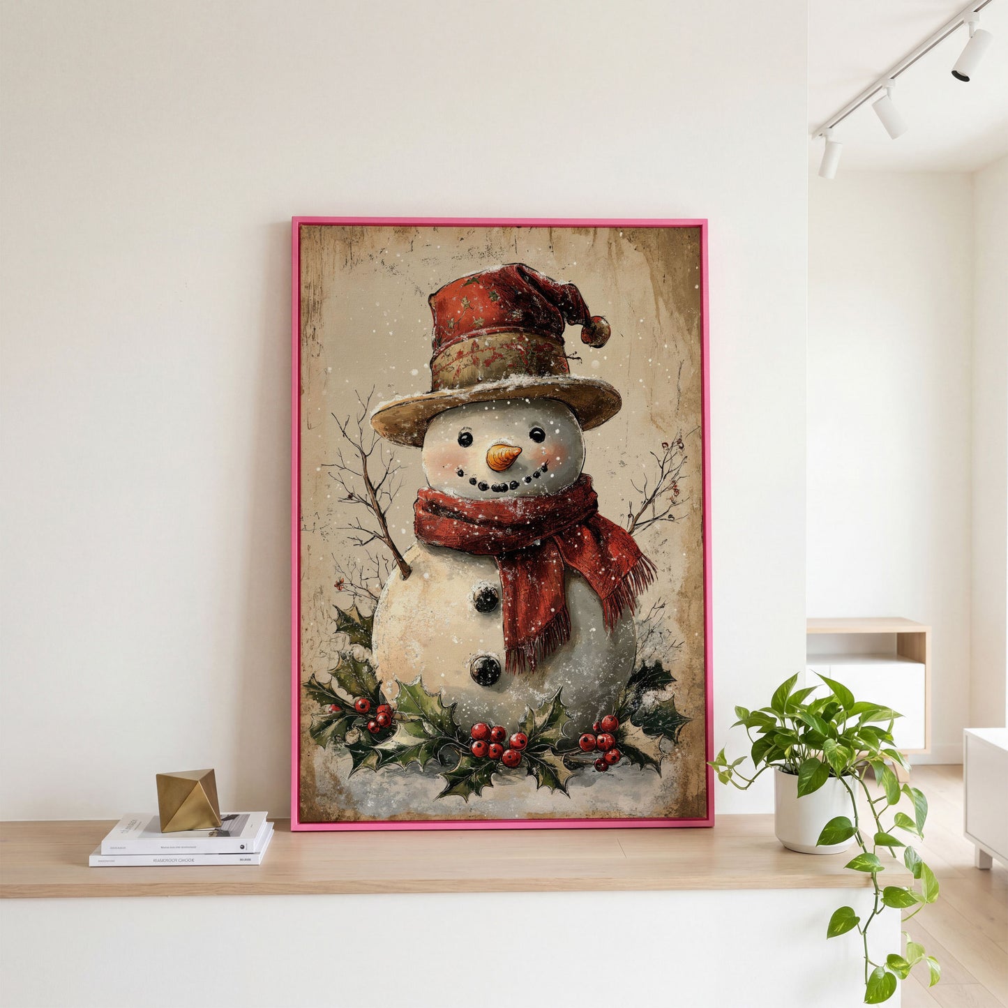Joyful Snowman with Red Scarf Canvas in pink floating frame