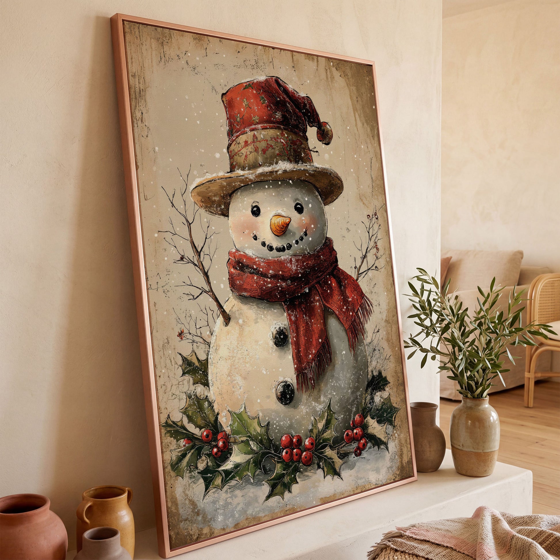 Joyful Snowman with Red Scarf Canvas in rose gold floating frame