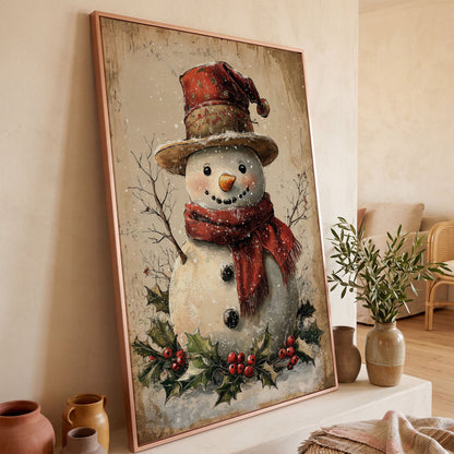 Joyful Snowman with Red Scarf Canvas in rose gold floating frame