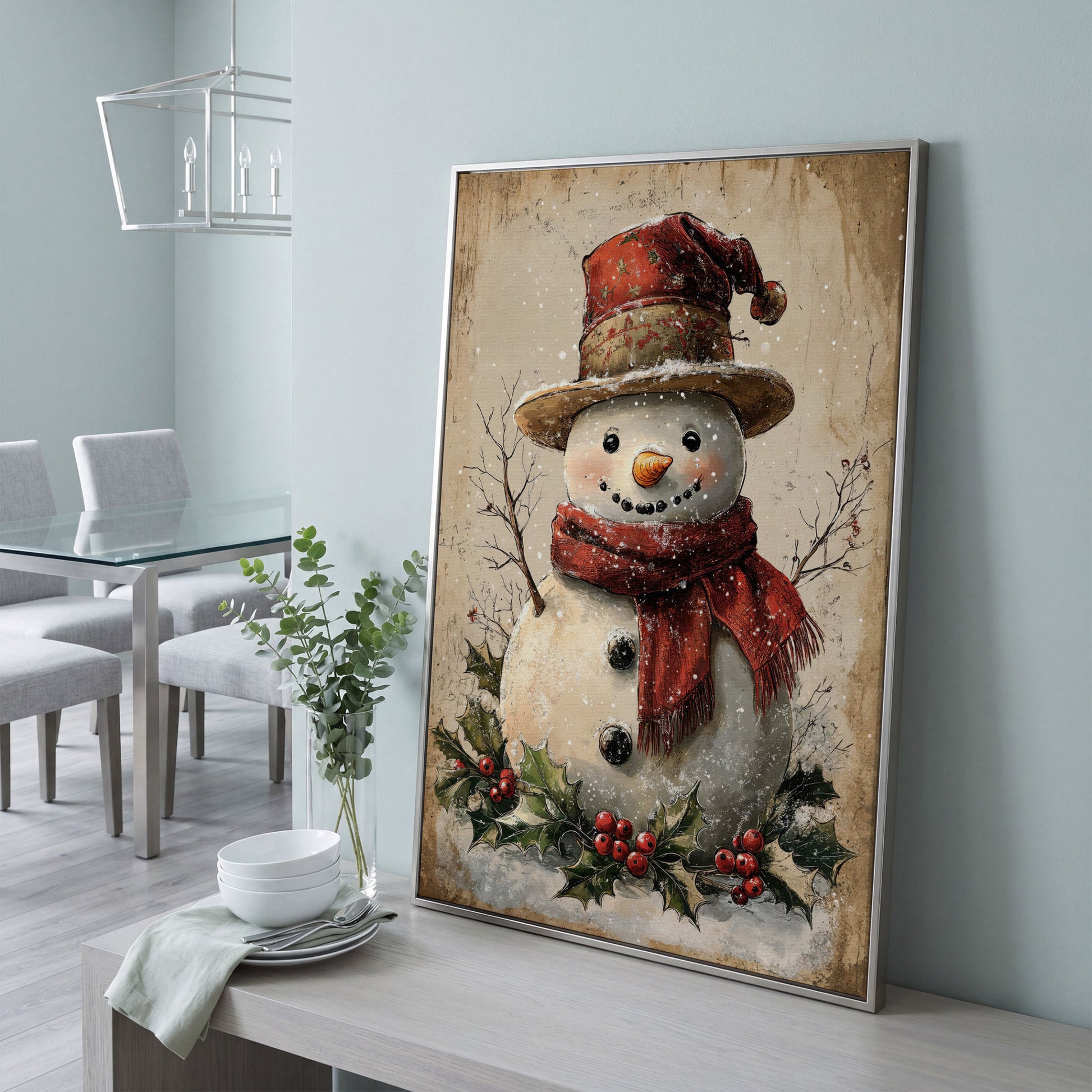 Joyful Snowman with Red Scarf Canvas in silver floating frame
