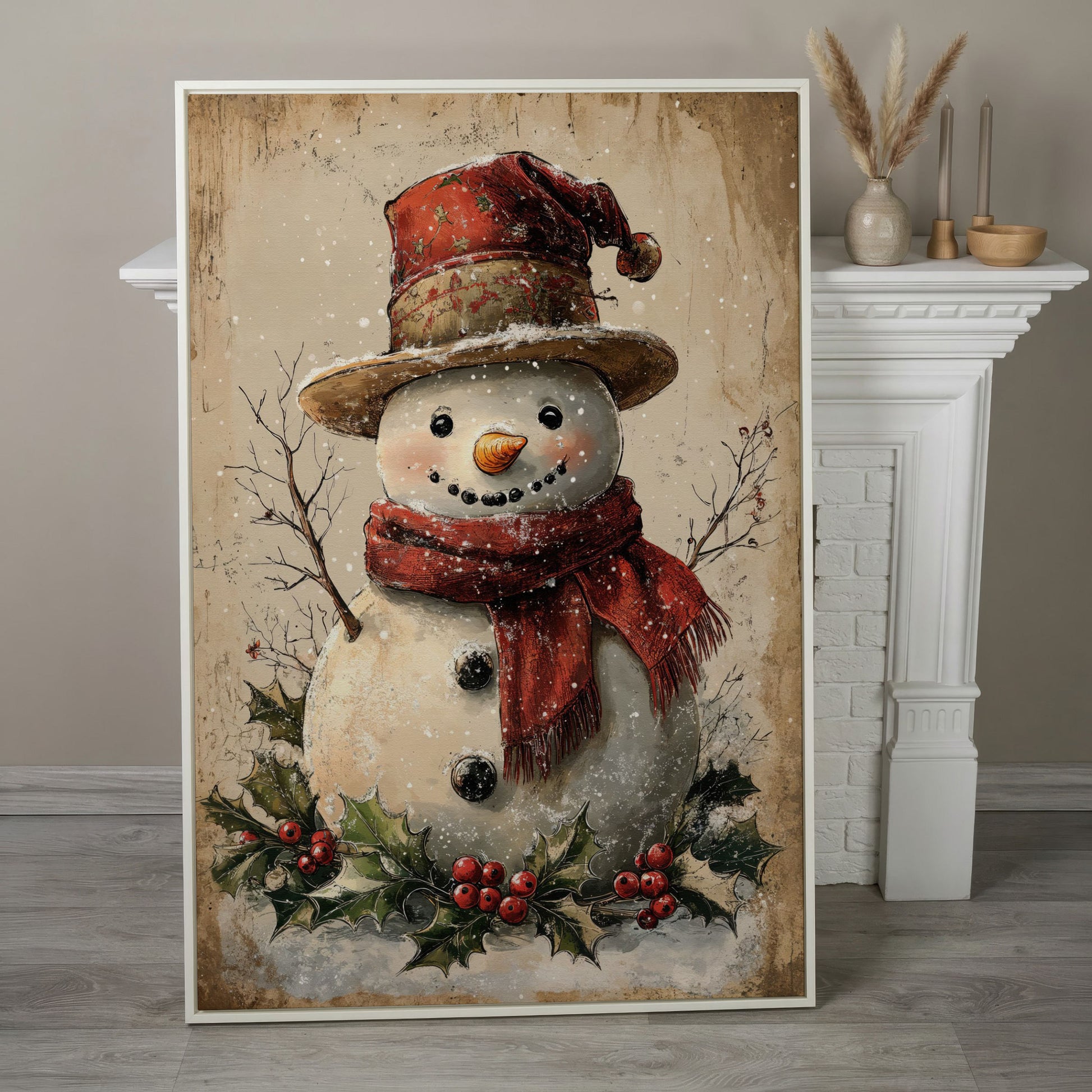 Joyful Snowman with Red Scarf Canvas in white floating frame