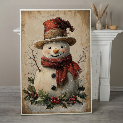 Joyful Snowman with Red Scarf Canvas in white floating frame