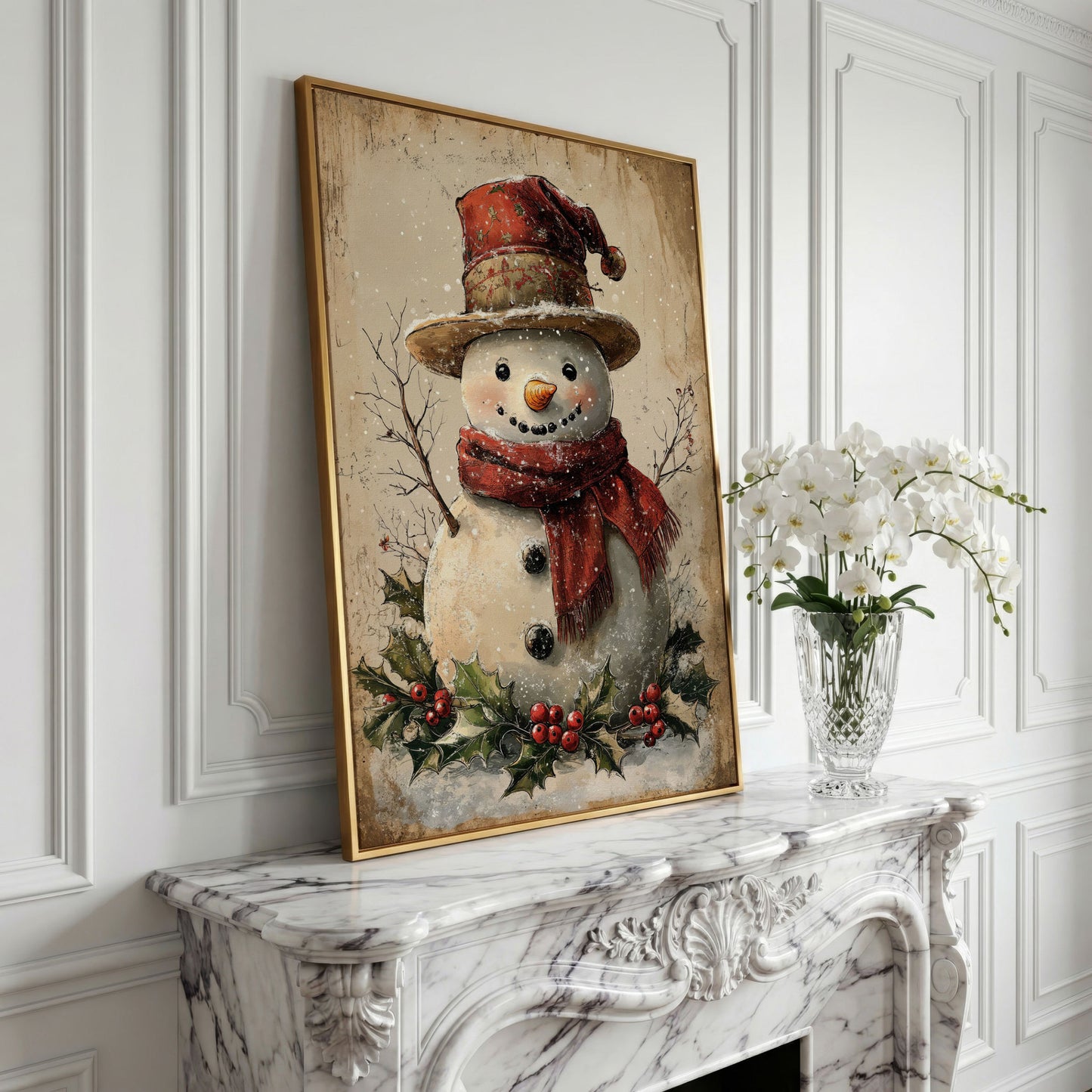 Joyful Snowman with Red Scarf Canvas in yellow gold floating frame