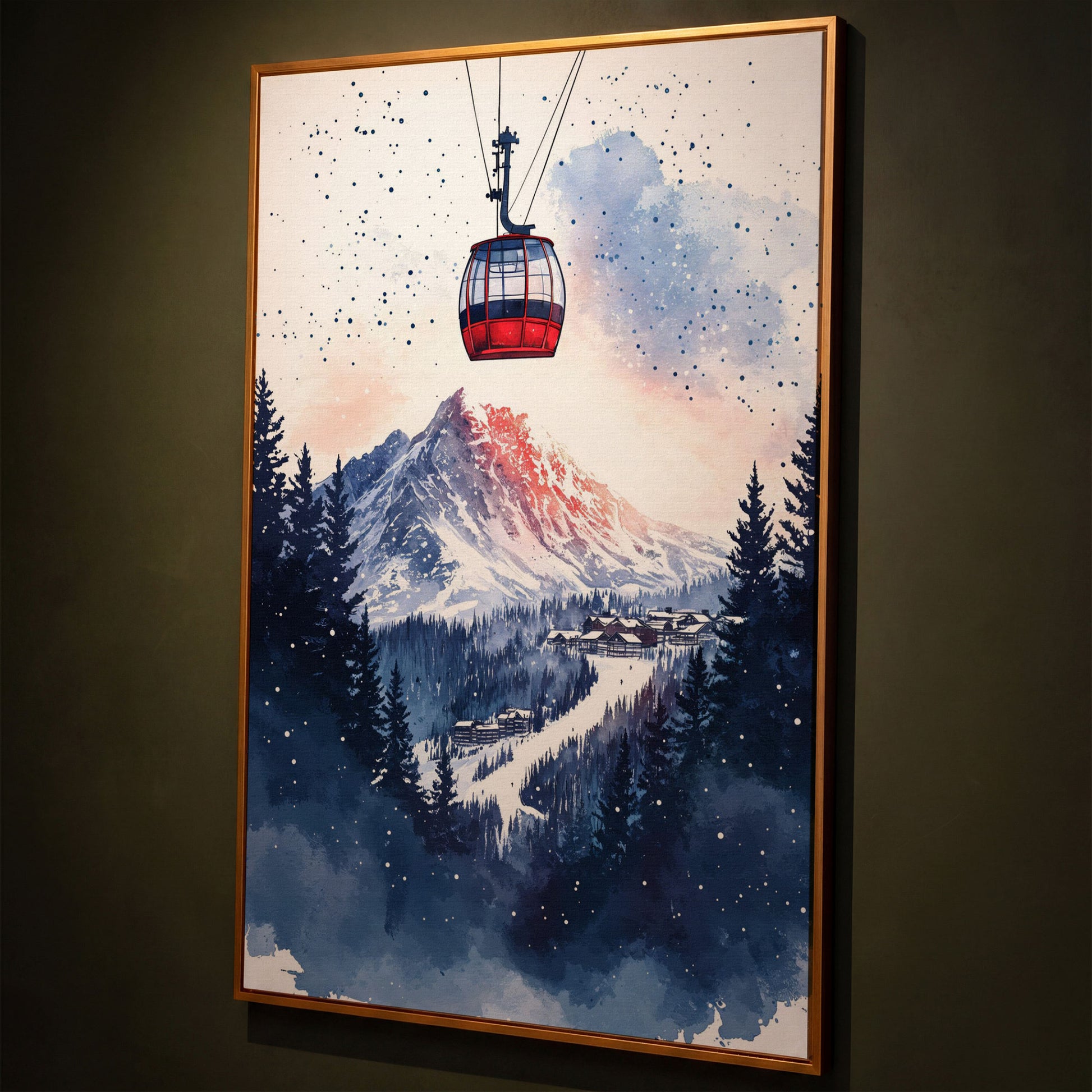 Ski Resort Village Canvas Print with Cable Car shown in antique gold floating frame