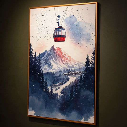 Ski Resort Village Canvas Print with Cable Car shown in antique gold floating frame