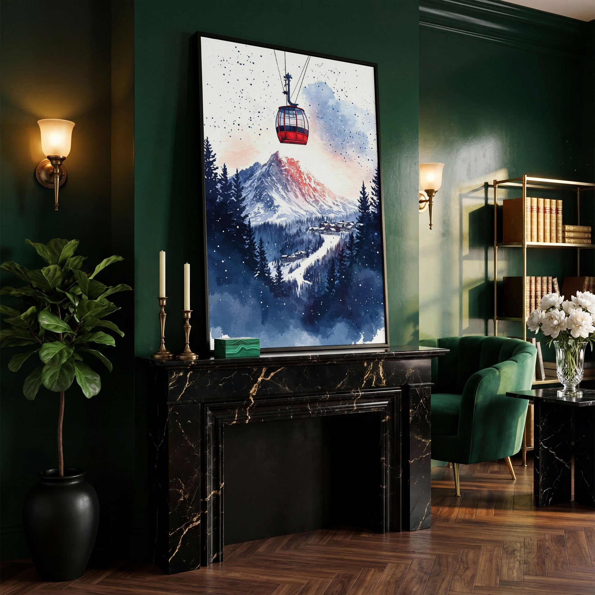 Ski Resort Village Canvas Print with Cable Car in black floating frame