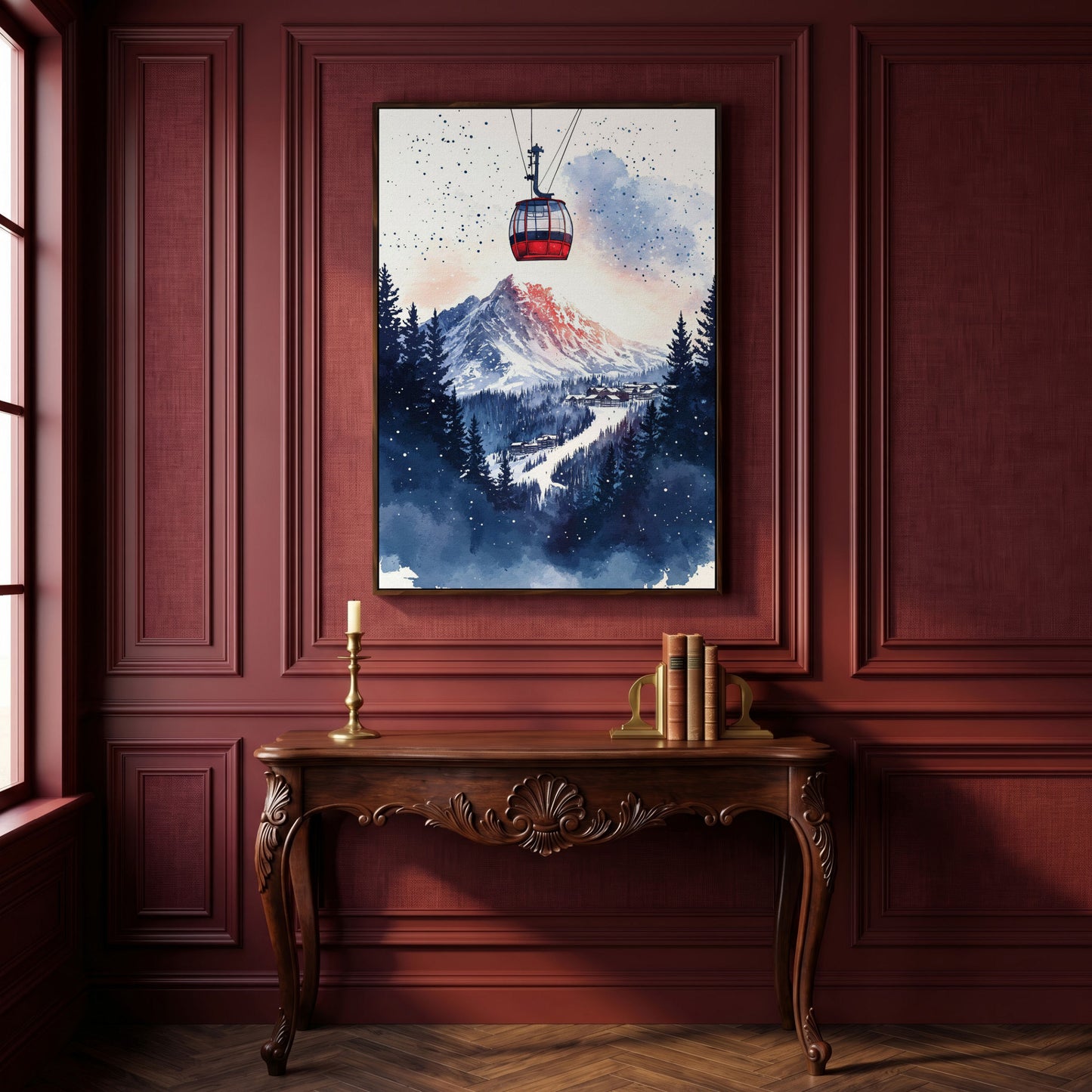 Ski Resort Village Canvas Print with Cable Car in dark walnut floating frame