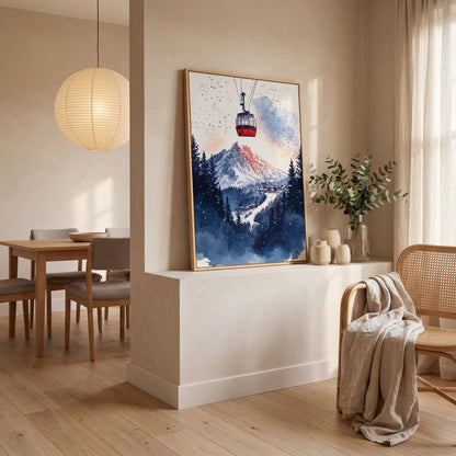 Ski Resort Village Canvas Print with Cable Car in white oak floating frame