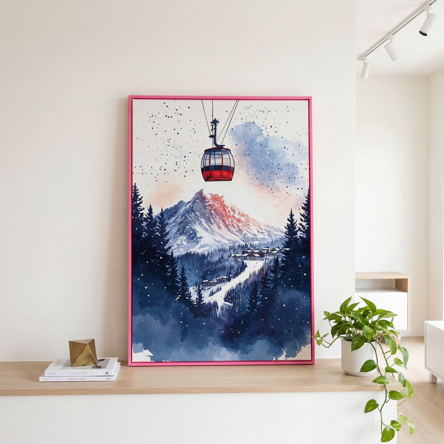 Ski Resort Village Canvas Print with Cable Car in pink floating frame
