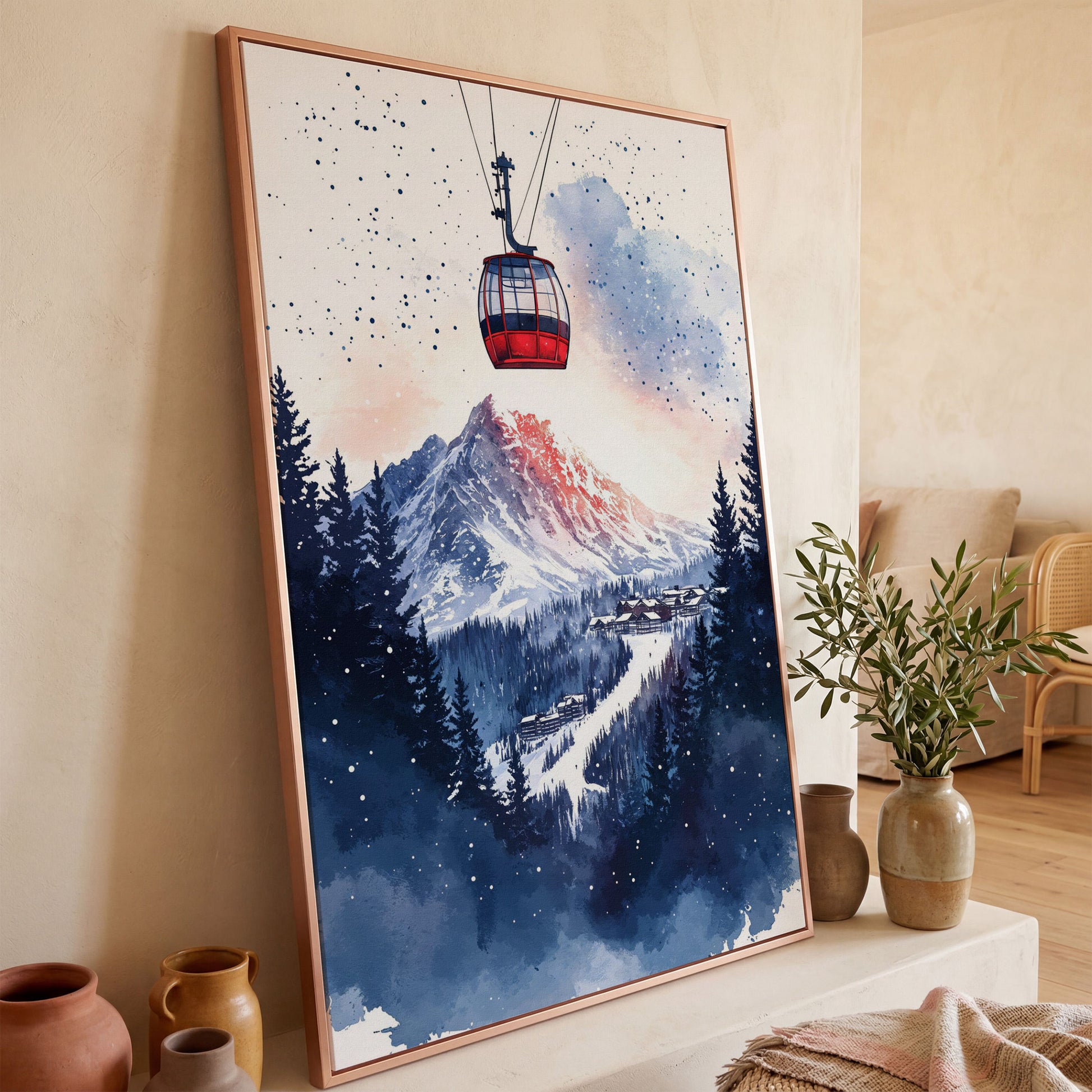 Ski Resort Village Canvas Print with Cable Car in rose gold floating frame