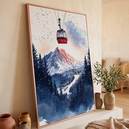 Ski Resort Village Canvas Print with Cable Car in rose gold floating frame