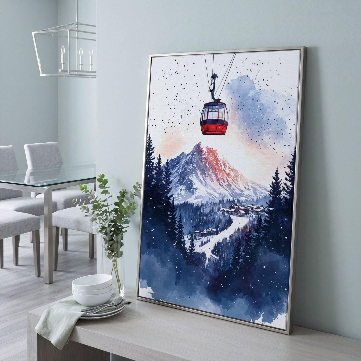 Ski Resort Village Canvas Print with Cable Car in silver floating frame