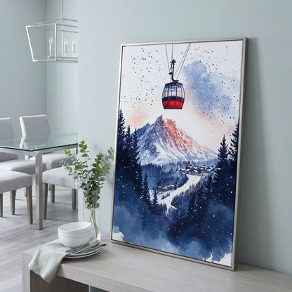Ski Resort Village Canvas Print with Cable Car in silver floating frame