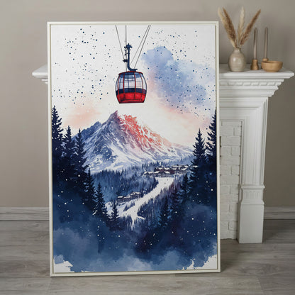 Ski Resort Village Canvas Print with Cable Car in white floating frame