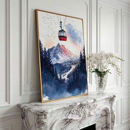 Ski Resort Village Canvas Print with Cable Car in yellow gold floating frame