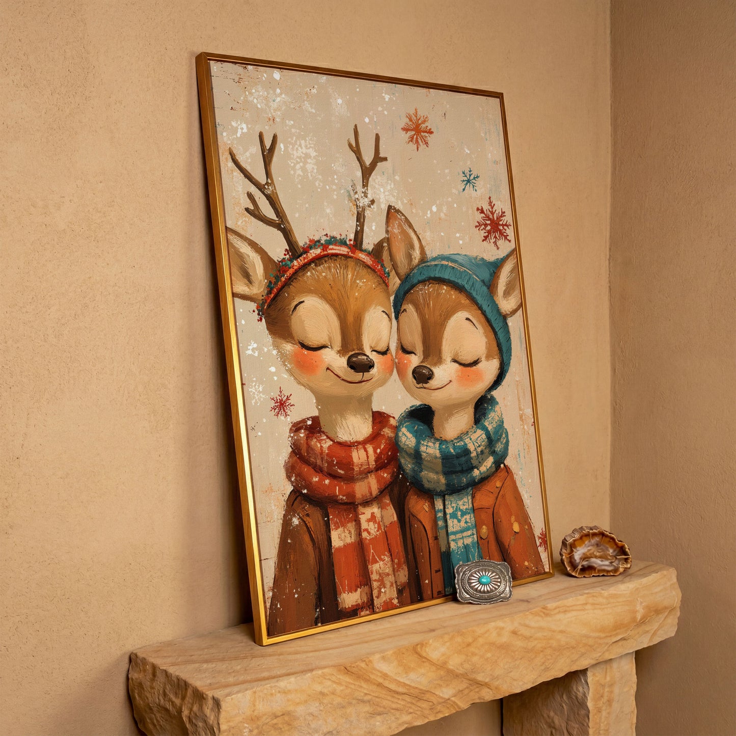 Adorable Reindeer Canvas Print for Kids' Rooms in antique gold floating frame
