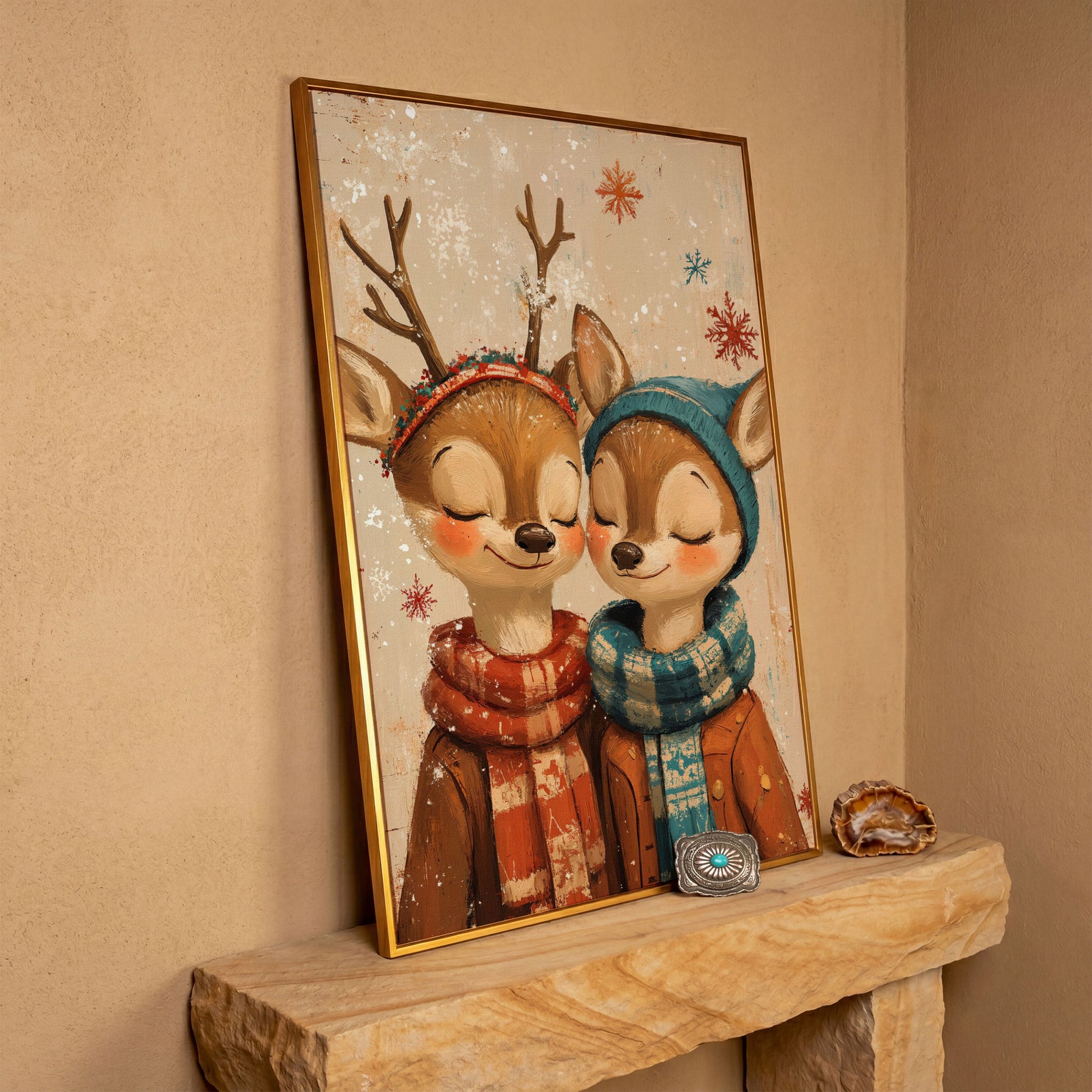 Adorable Reindeer Canvas Print for Kids' Rooms in antique gold floating frame