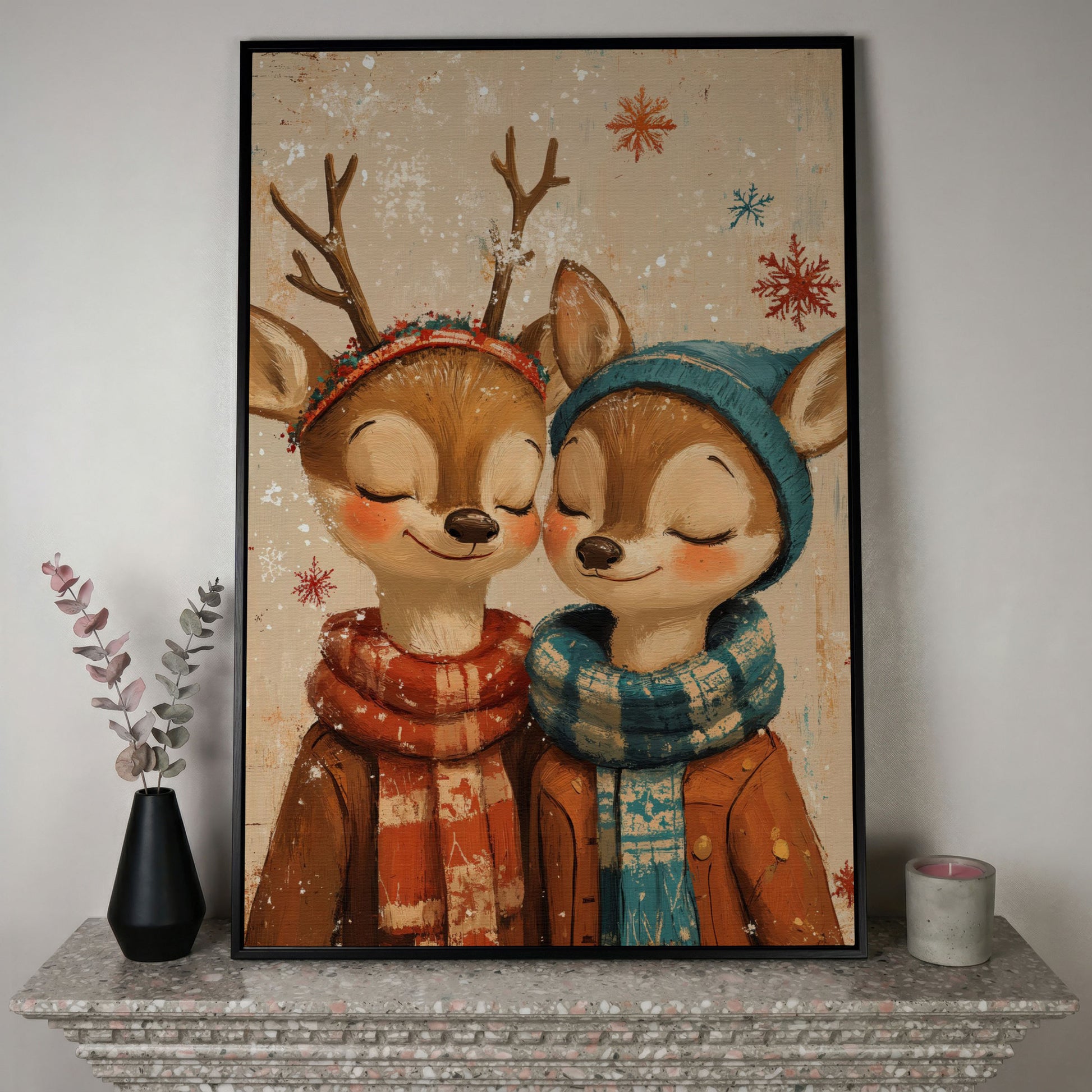 Adorable Reindeer Canvas Print for Kids' Rooms in black floating frame